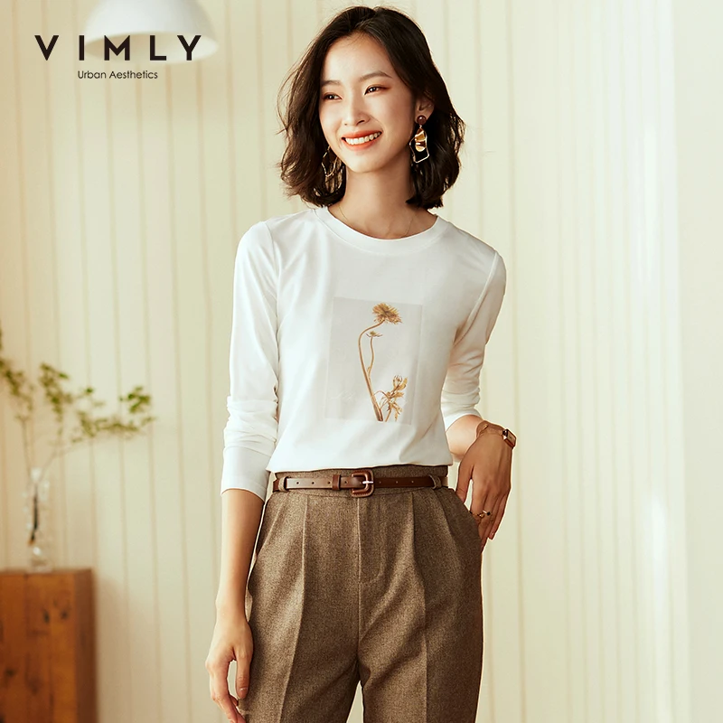 Женские футболки с длинными рукавами Vimly модные хлопковые Осенние круглым