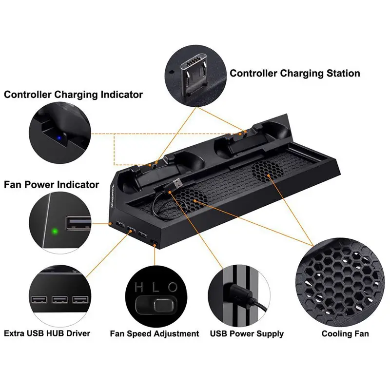 ABKT-Vertical Stand Charger for PS4 / PS4 Pro / PS4 Slim] Dual Controller Charging Station with Cooling Fan for Sony Playstation