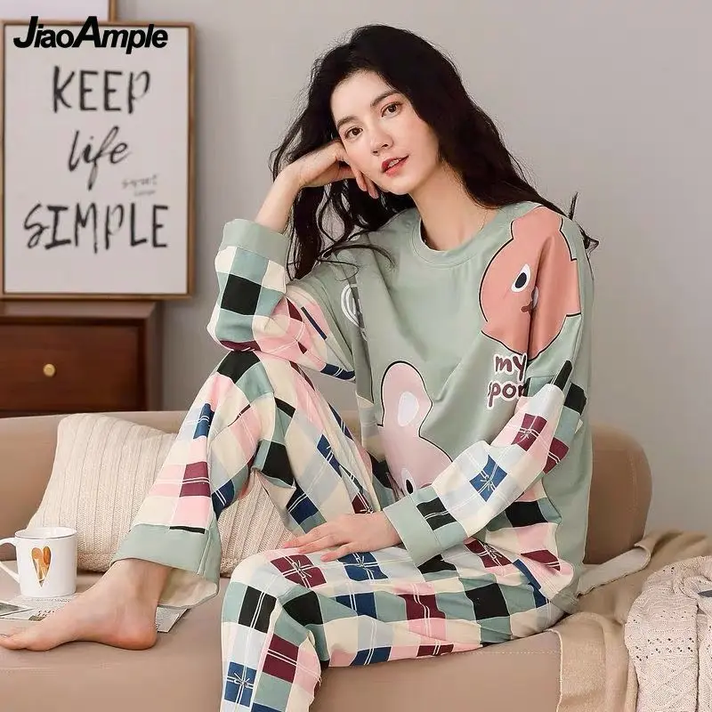2022 Spring Autumn Casual Sleepwear women's Cotton Pajamas  Suit Female Long-sleeved Trousers Nightie Pijamas Two Piece Set