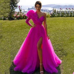 Simple  Women Prom Gowns  Long Sleeves Evening Dresses Ruffles Tulle High Side Slit Formal Special Occasion Dress 2022