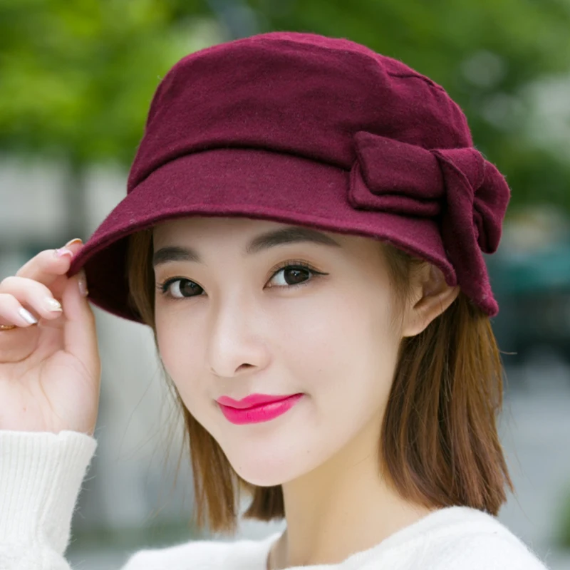 Burgundy H7712 Женская Рыбацкая шляпа, Женская Осенняя зимняя теплая Кепка для покупок, Корейская элегантная британская ретро одноцветная модная шапка для бассейна - Цвет: Burgundy