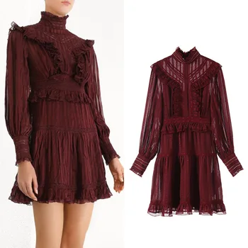 

New wine red vintage lace collar agaric socialite dress G0818 cake