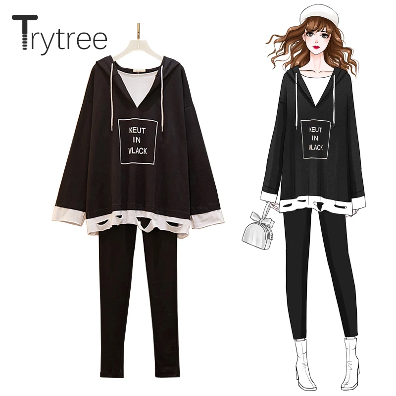 Trytree Осень Зима Женский комплект из двух предметов с капюшоном на шнурке с надписью лоскутный топ+ брюки однотонный эластичный пояс серый комплект из 2 предметов