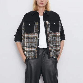 

2019 Autumn New Spliced Plaid Women Jacket British Style Street Casual Single Breasted Pockets Long Sleeve Coat Clothes