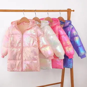 

Girls clothes kids winter Lightweight down cotton padded long style candy colors big girls warm jacket baby hooded windbreaker