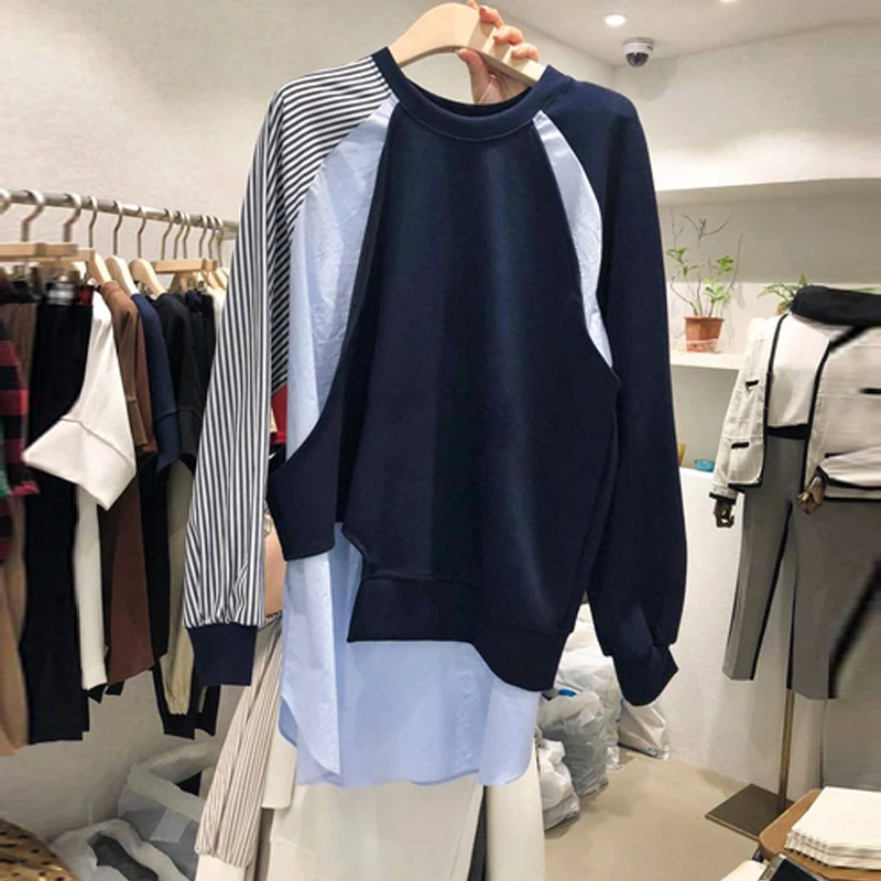 

Women Sweatshirt Patchwork Striped O Neck Long Sleeve Ladies Pullover Female 2021 Fashion Spring Autumn Loose Irregular Tops