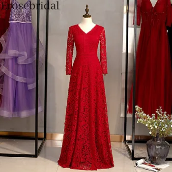 

Erosebridal Long Sleeve Evening Dress 2020 Red Elegant Lace Long Formal Dress Simply Design Party Gown Zipper Back