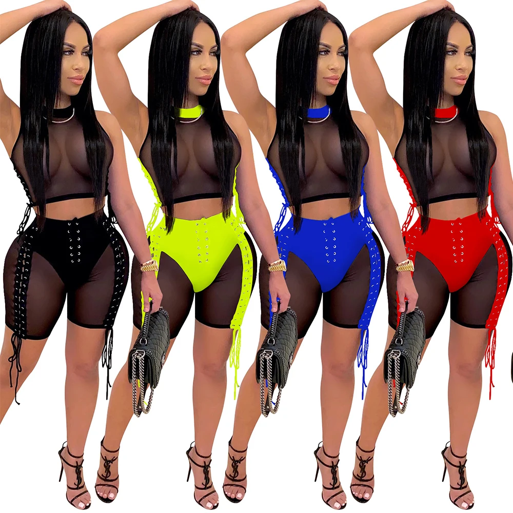 

Women Sexy Sheer Mesh Two Pieces Set See Through Sleeveless Lace Up Bandage Crop Tank Top Short Pants Club Party Matching Sets