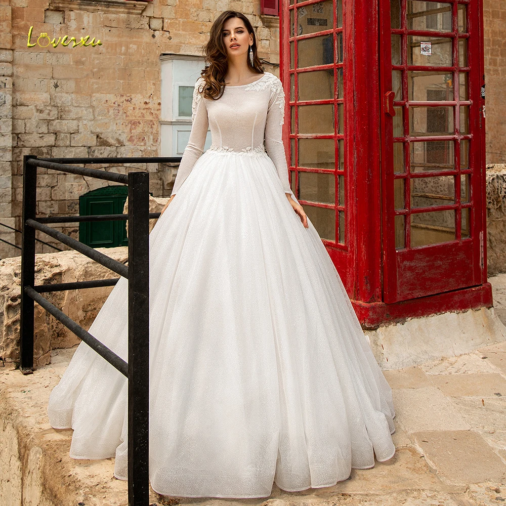 

Loverxu Scoop Ball Gown Glitter Muslim Wedding Dresses Demure Applique Long Sleeve Bride Dress Court Train Bridal Gown Plus Size