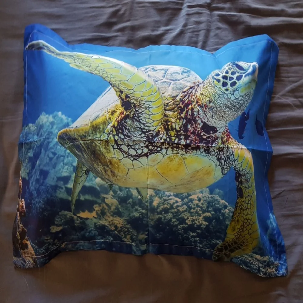 Комплект из 3 предметов из микрофибры Seaworld Постельное белье с 2 наволочки 3D с большим принтом Черепашки-ниндзя в море жители океана синий