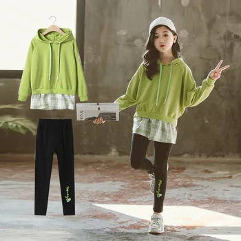 

Fashion Children Hoodies Sweatshirts Clothes Set Cotton Loose Plaid Patchwork Sweatshirt and Embroidery Leggings Sport Suit New