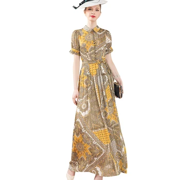 

2020 Chiffon Vintage Summer Long Dress Turn-down Collar Prairie Chic Flowers Printed Dress Ankle-Length Elegant Dress DZ2431