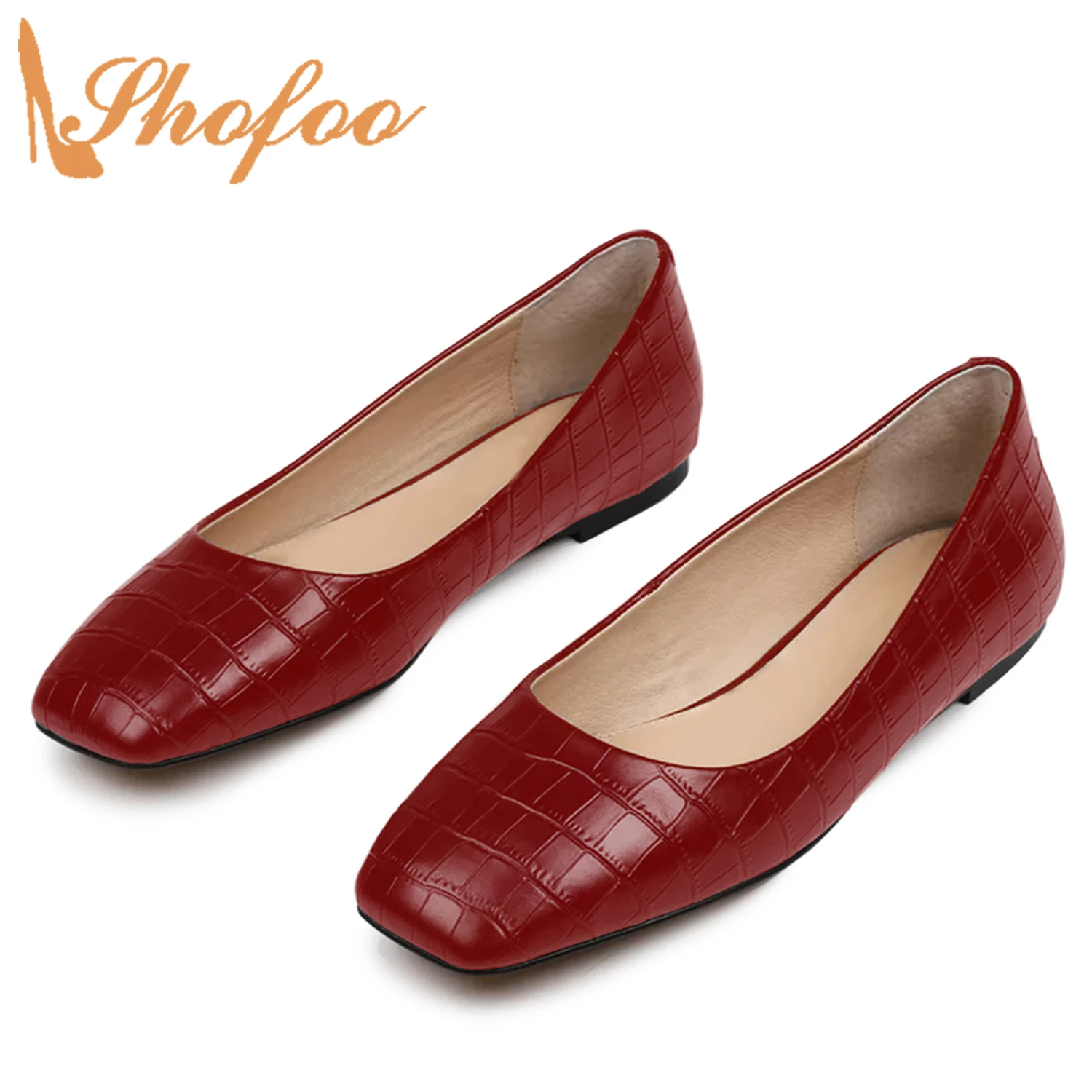 

Red Crocodile Embossed Women's Ballet Flats Low Heels Square Toe Leather Ladies Casual Slip On Large Size 13 14 Shoes Shofoo