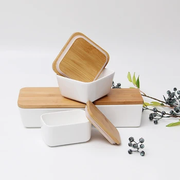 

1pc Butter Dish with Lid Ceramic Butter Container with Lid,White Porcelain Butter Keeper with Bamboo Lid for Refrigerator