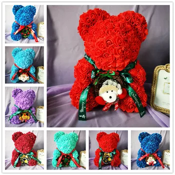 

Dropshipping 40cm Merry Christmas Rose Bear Artificial Flower Roses Teddi Bear Women Gift Girlfriend Ornaments Dried Flowers
