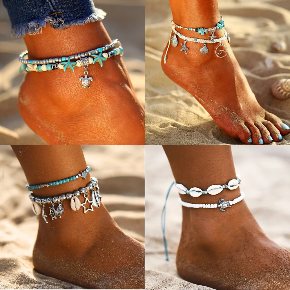 BLUESTAR Bohemian Multiple Layers Turtle Beads Anklets jewelry Vintage Chain Anklet Bracelet Beach Jewelry DIY bangle set | Украшения и