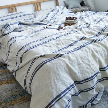 

Linen Duvet Cover Set- Indigo Stripe including one duvet cover with shell button closure and two matching pillow cases
