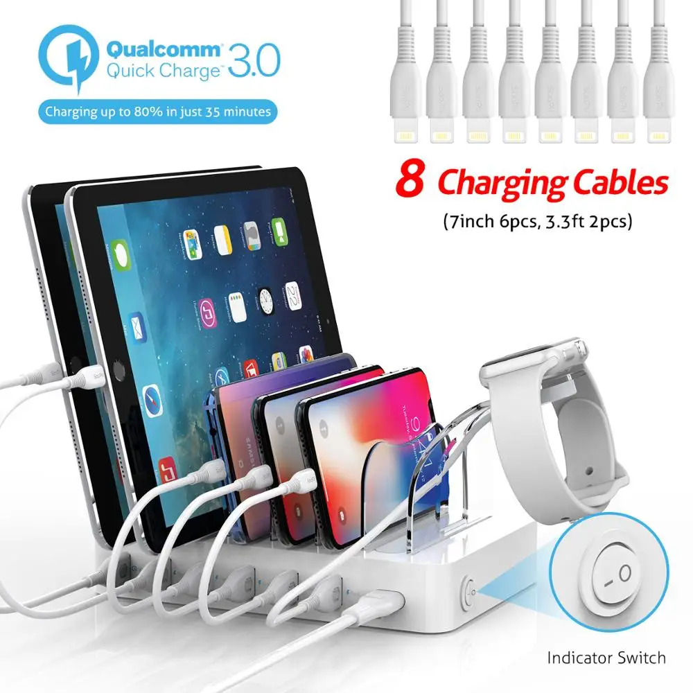 US $32.39 Soopii Quick Charge 30 60W12A 6Port USB Charging Station For Multiple DevicesDock Station With 8 Cables For Iphone Included