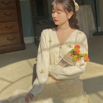 여성용 S-2xl 자수 V넥 니트 가디건, 한국 패션, 오버사이즈 스웨터, 긴팔 상의, 카와이 옷, 봄