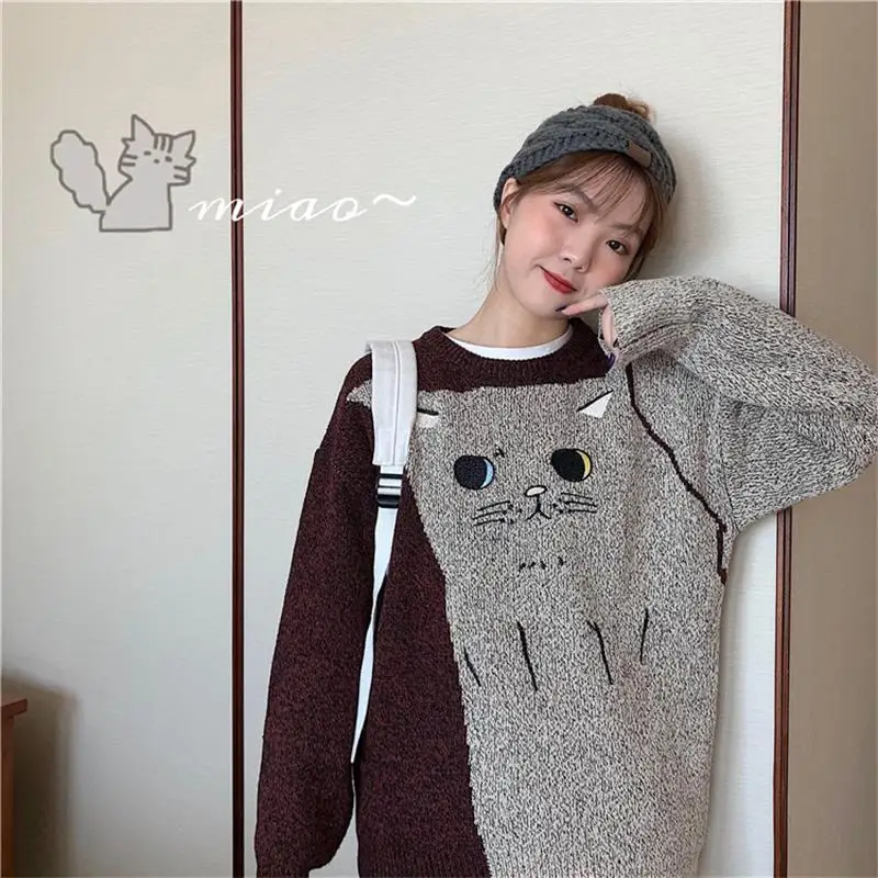 Бургундия Женские свитера, японский Kawaii Ulzzang, Свободный Повседневный Ретро свитер с ленивым котом, Женская Корейская одежда Harajuku, милая одежда для женщин - Цвет: Бургундия