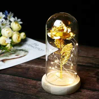 

Creative Red Rose Gift Rose In A Glass Dome On A Wooden Base For Valentine's Gifts LED Rose Lamps Christmas
