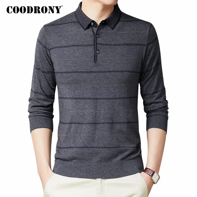 

COODRONY Brand Wool Sweater Men Business Casual Striped Pull Homme Spring Autumn Turn-down Collar Knitwear Pullover Shirts C1090