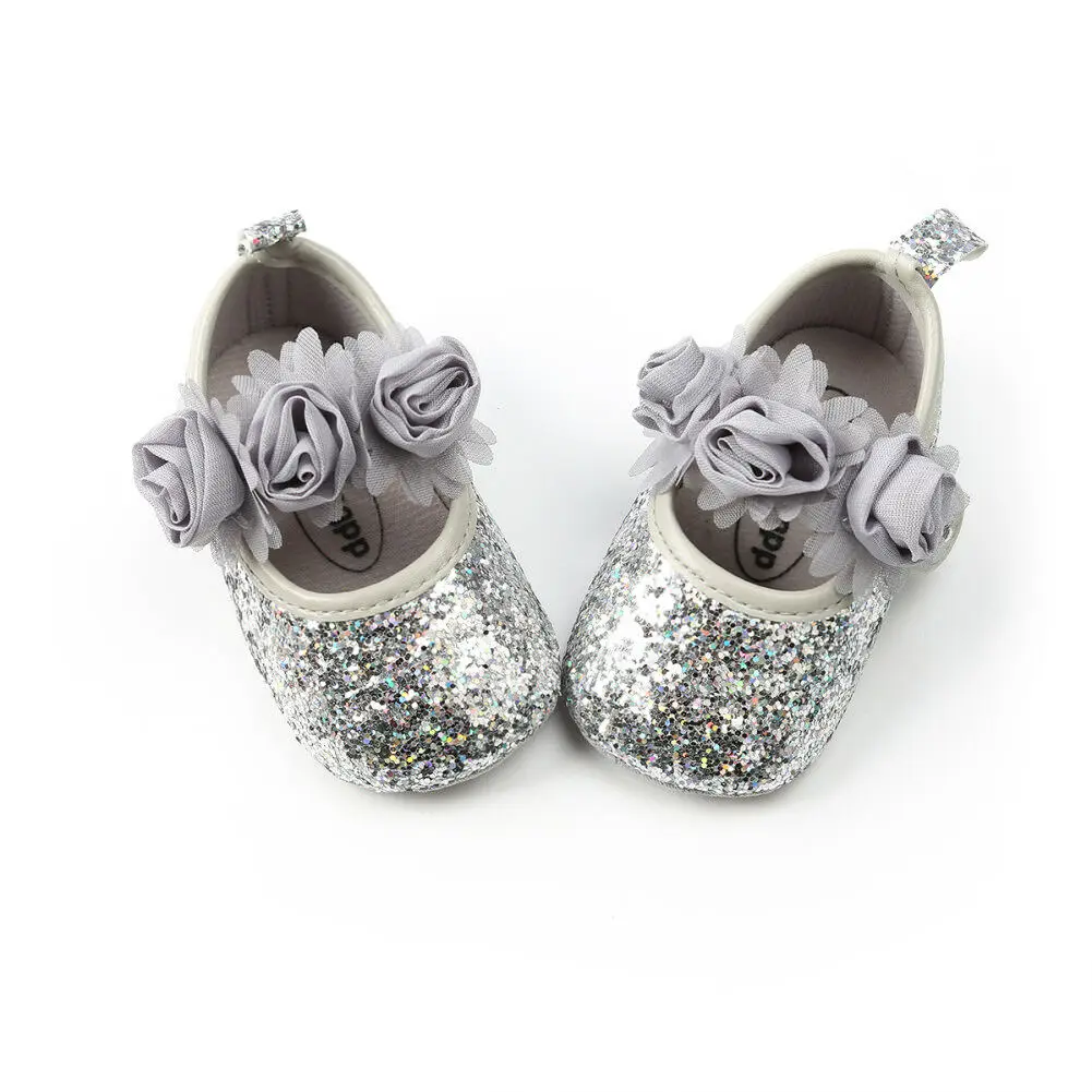 Обувь для новорожденных девочек; обувь с блестками и объемным цветком; нескользящие кроссовки на мягкой подошве для новорожденных; обувь принцессы для свадебной вечеринки - Цвет: As photo shows
