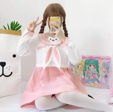 long sleeve rabbit Милые женские милые мешковатые летние платья милый кот платье, свободные матросские Colar платье консервативный Стиль Одежда - Цвет: long sleeve rabbit