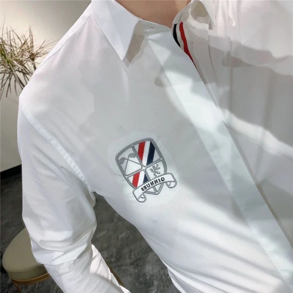 New White Single-breasted Men's Long-sleeved Shirt, Korean Fashion  Printing Striped Shield Pattern  Slim Fit  Shirt Men
