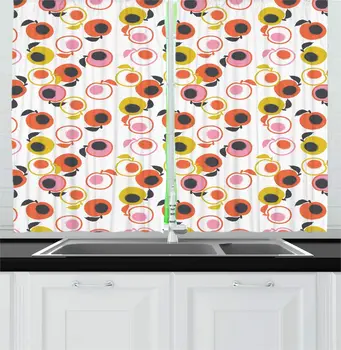 

Multicolor Peach Kitchen Curtains Pencil Drawn Inspired Digital Demonstration Abstract Fruits Leaves Scattered Window Drapes
