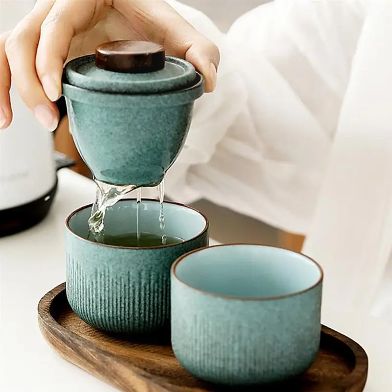 

1 Set Ceramic Tea Service Travel Tea Cup Portable with Carrying Case (Matcha Green)