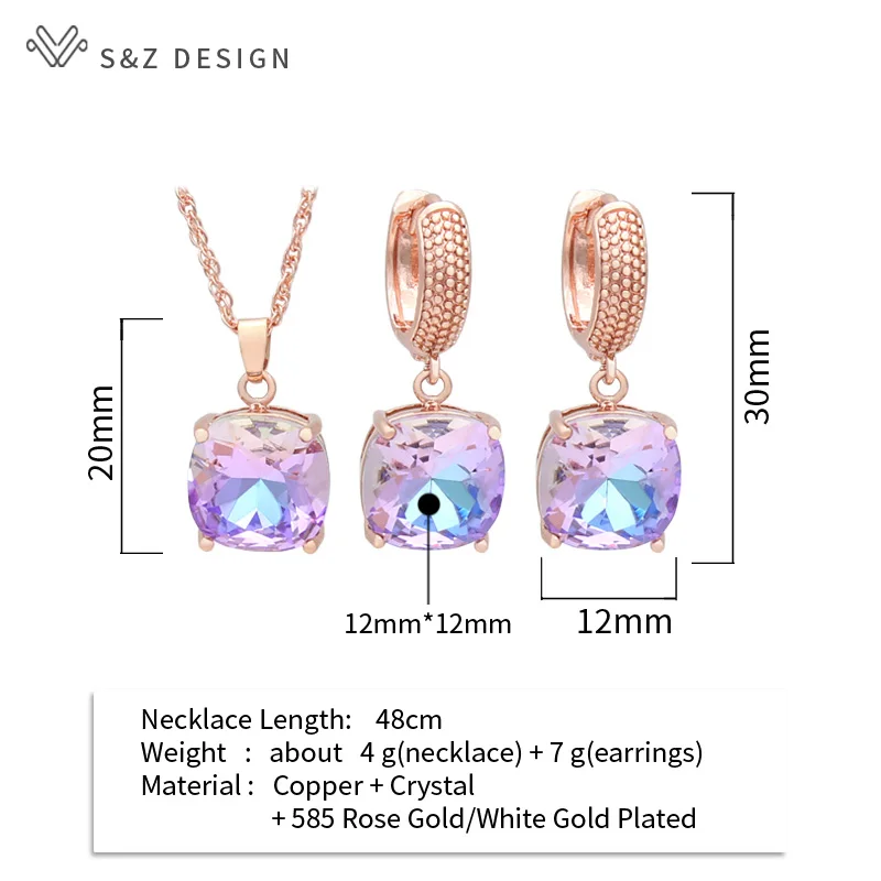 S&Z DESIGN New Fashion Temperament Colorful Square Crystal Dangle Earrings Jewelry Sets For Women Wedding Pendant Necklace Gift
