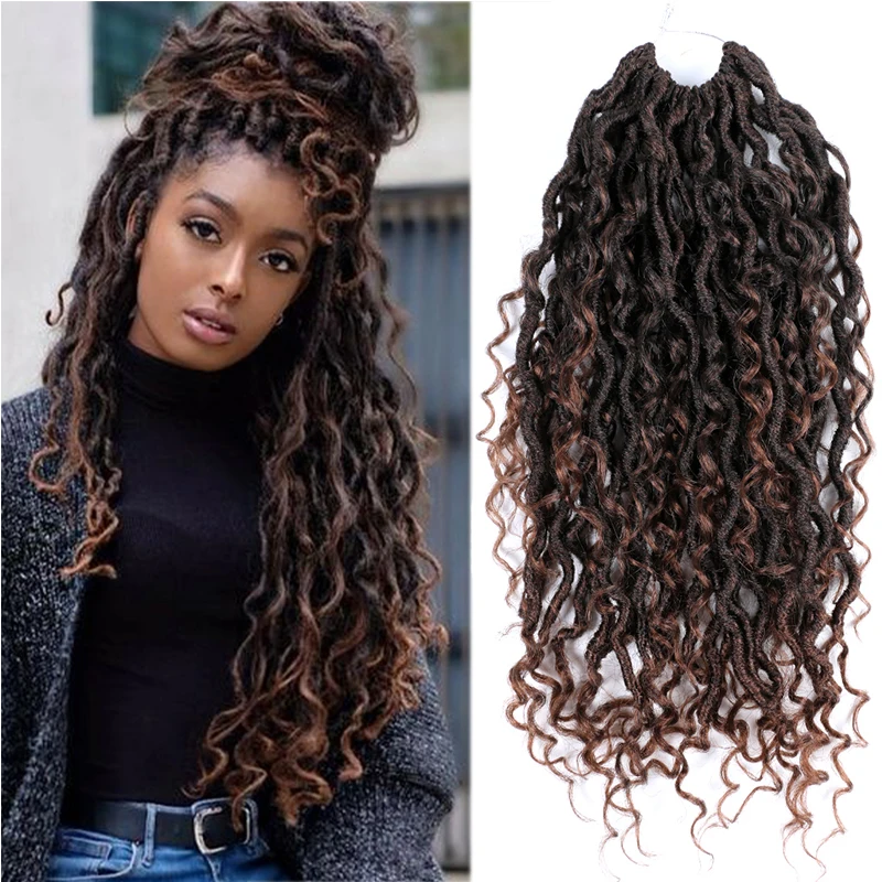 

Ombre River Faux Locs Goddess Crochet Braids Hair Synthetic Braiding Hair Extensions 18 Inch Locs Crochet Hair with Curly Tress