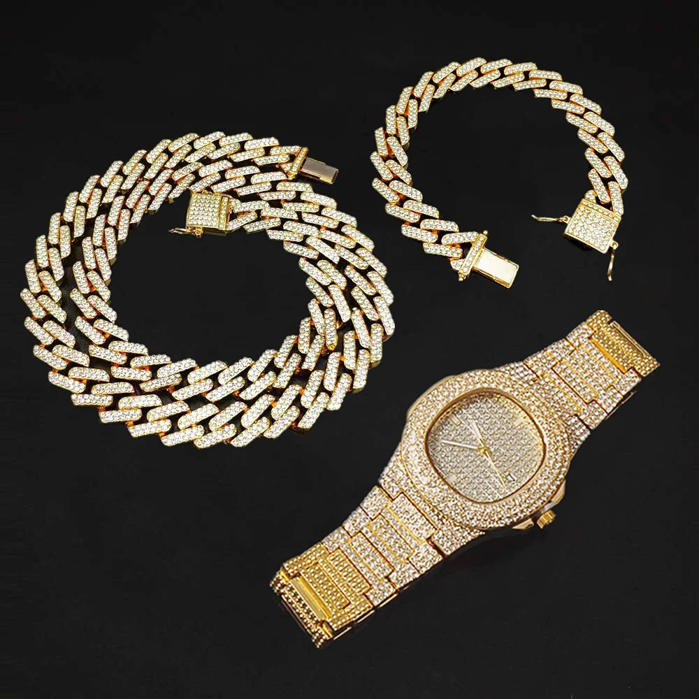 Watch Necklace Bracelet Punk HipHop Miami Curb Cuban Chain Gold Iced Out Rhinestones Rapper for Men Women Jewelry Set Wholesale