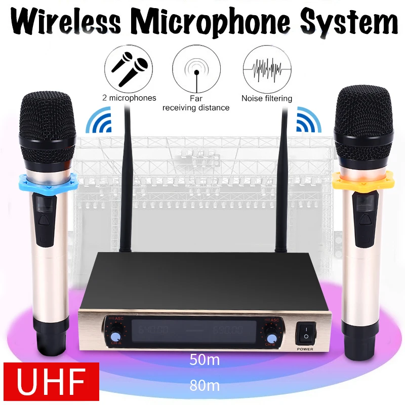 Профессиональный беспроводной микрофон UHF металлическая двухканальная система