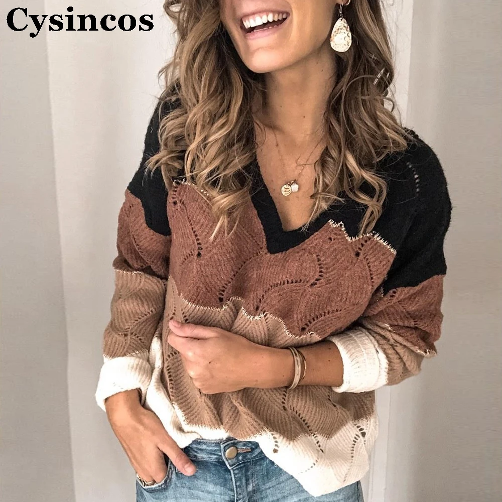 Cysincos Women Knitted Sweater Autumn Winter Sexy V-neck Striped Print Casual Plus Size Long Sleeve Tops Pullover Jumper | Женская