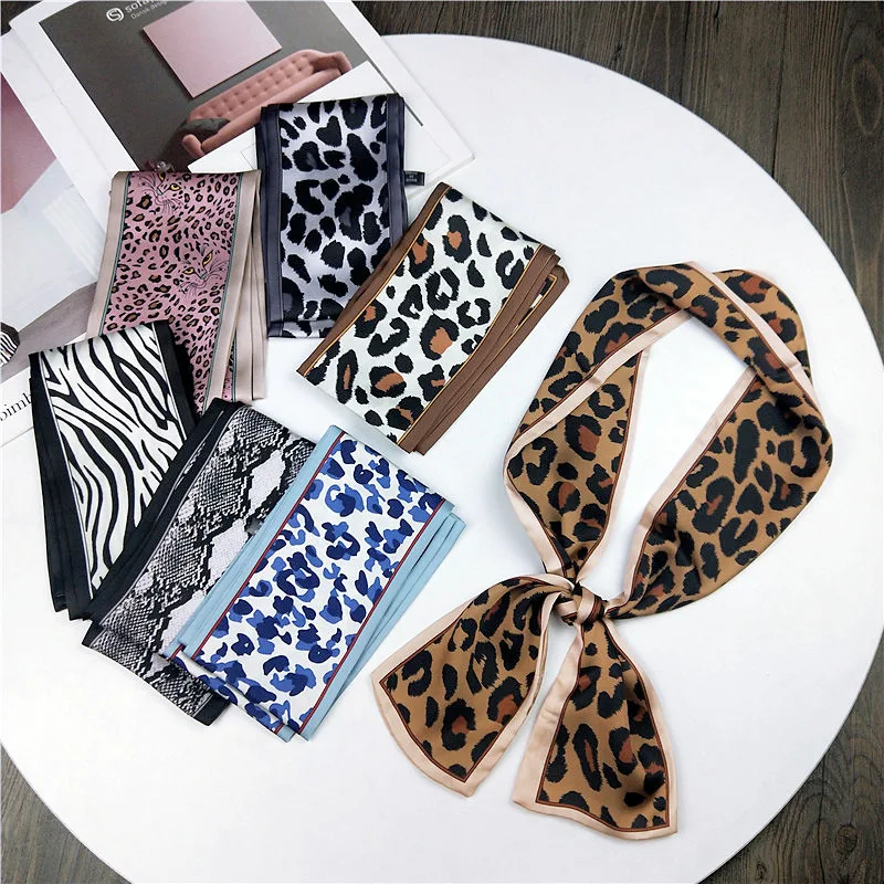 

Silk Scarf 2020 Leopard Animal Print Scarf Women Silk Scarf Small Handle Bag Ribbons Female Neckerchief Head Long Scarves