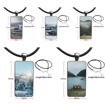 

For Girls Gift Glass Cabochon Jewelry Steel Color With Long Pendant Choker Rectangle Necklace Mountain River And House Classic