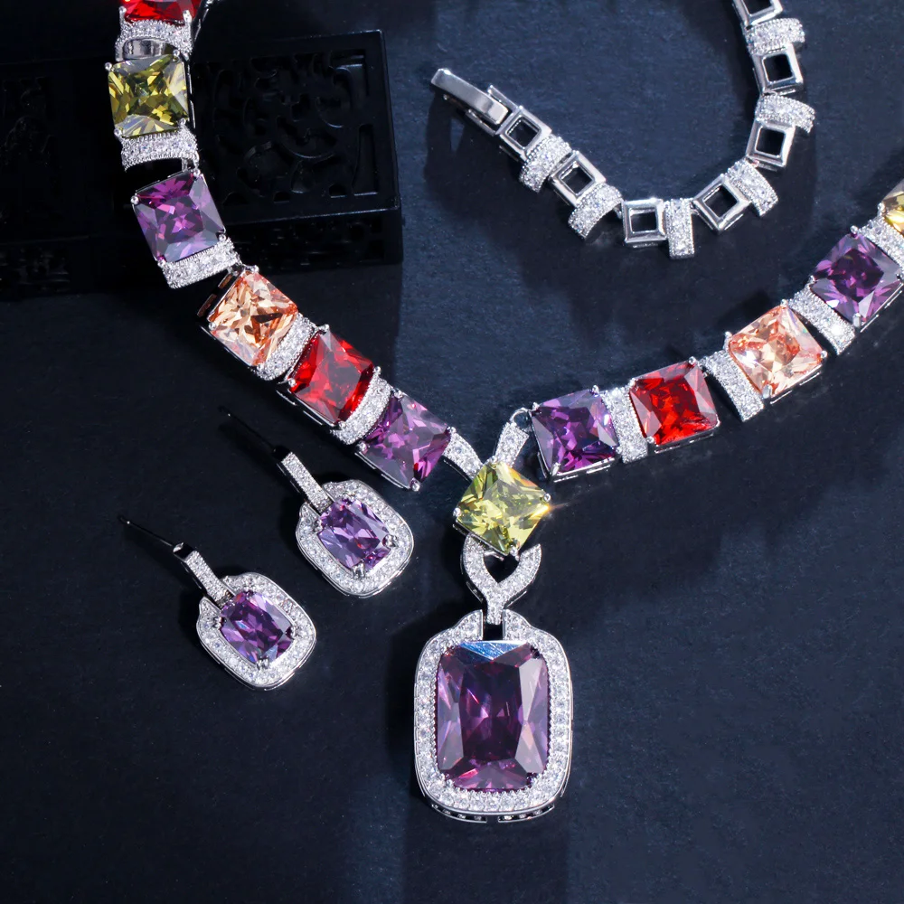 CWWZircons Multi Color Purple Cubic Zirconia Big Square Drop Luxury Wedding Bridal Necklace Earrings Costume Jewelry Set T569 bridal jewelry sets