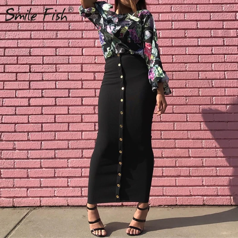 

Bodycon Femme Long Pencil Skirts 2019 Autumn Women's Bottoms High Waist Buttons Stretch Skirts Solid Streetwear Plus Size GV799