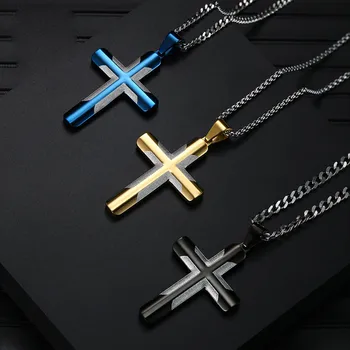 

Simple Curved Cross Pendant Necklace for Men Boy Blue Gold Black Color Hip Hop Necklaces Chain 24Inch Male Jewelry