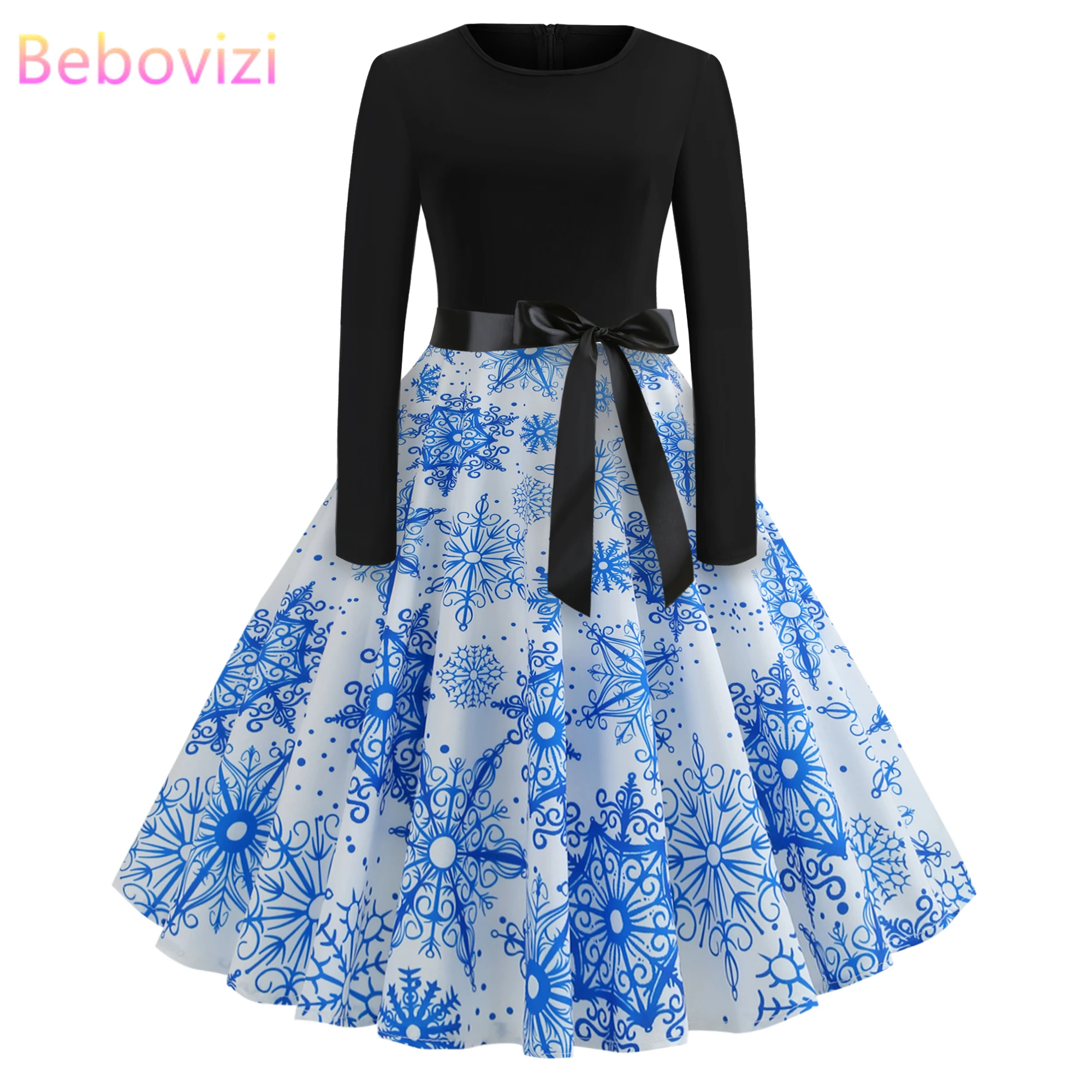 

Bebovizi 2019 Women Winter Christmas Dress Plus Size Snowflake Print Long Sleeve Dresses Casual Elegant Vintage Party Vestidos