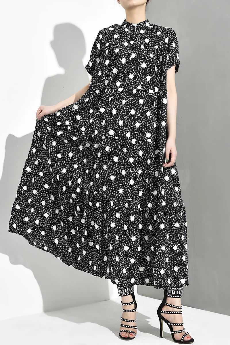 [EAM] Новое весенне-осеннее Свободное длинное платье со стоячим воротником и коротким рукавом с цветочным принтом большого размера Женская мода JY5320