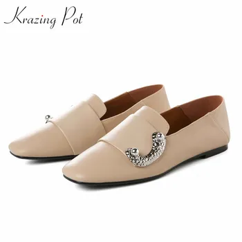

Krazing Pot solid metal decorations genuine leather flat shoes square toe brand fashion slip on dating women big size shoes L32