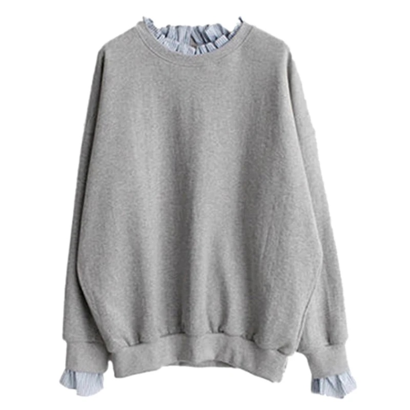 

Women Spliced Long Sleeve Pullovers Tops Autumn Fake 2 Pieces Sweatshirts Casual Loose Tops x