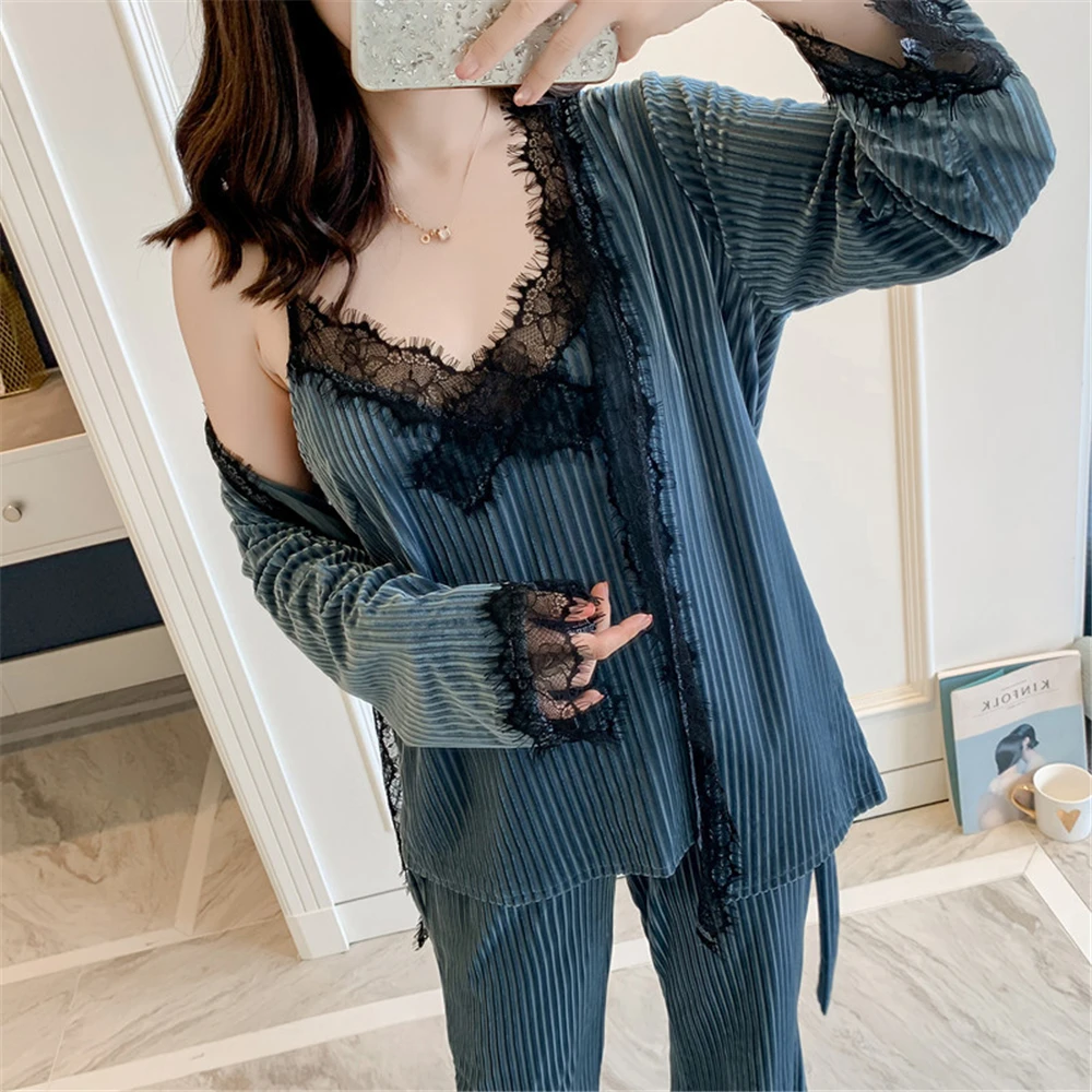 Dark blue Пижама женская домашняя одежда пижамные комплекты, топы на бретелях+ брюки+ халаты, одежда для сна, свободная повседневная - Цвет: Dark blue
