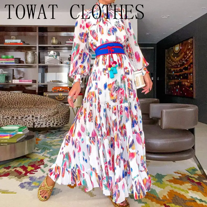 

Floral Print Long Sleeved Bohomian Dress Holiday Style Half-High Collar Long-Sleeved Printed Waist Maxi Dress