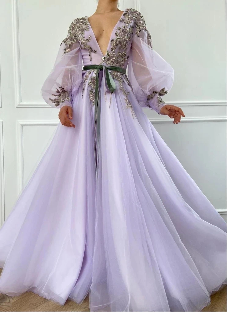 

Moroccan Evening Dresses A-line V-neck Long Sleeves Tulle Appliques Long Turkey Dubai Saudi Arabia Prom Dress Gown