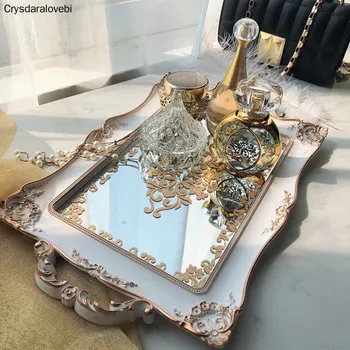

European Style White Mirror Tray Tea Dessert Storage Skin Care Product Jewelry Storage Tray Wedding Decoration Photography Props