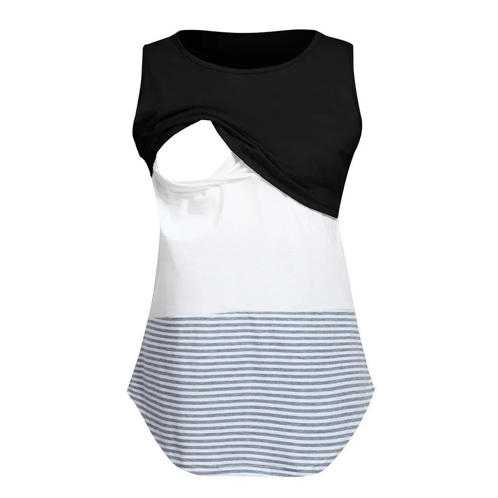 Женская пижама для беременных, без рукавов, полосатая блузка, одежда(черный цвет - Цвет: XL